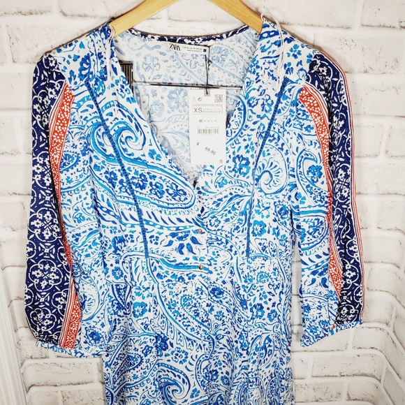 Zara printed tunic midi maxi dress white xs small nwt - Picture 2 of 7